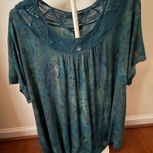 Lucky Brand Plus 3X Teal Boho Lightweight Knit Top w/Braided Macrame Neckline